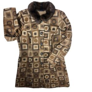 Y2K Retro brown midi coat Faux fur collar mod large all over geometric print